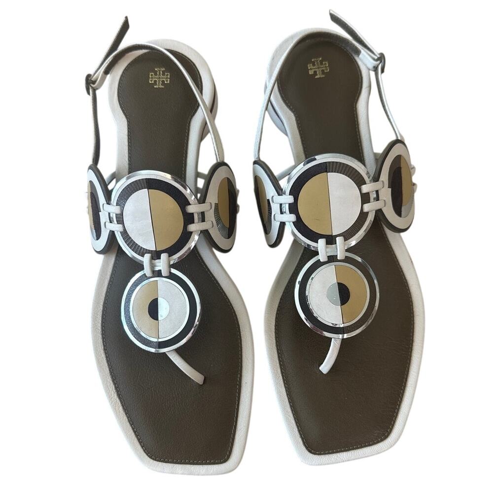 Tory Burch Marquetry Disk Sandal Cream Toasted Sesame 9.5 - Picture 2 of 13